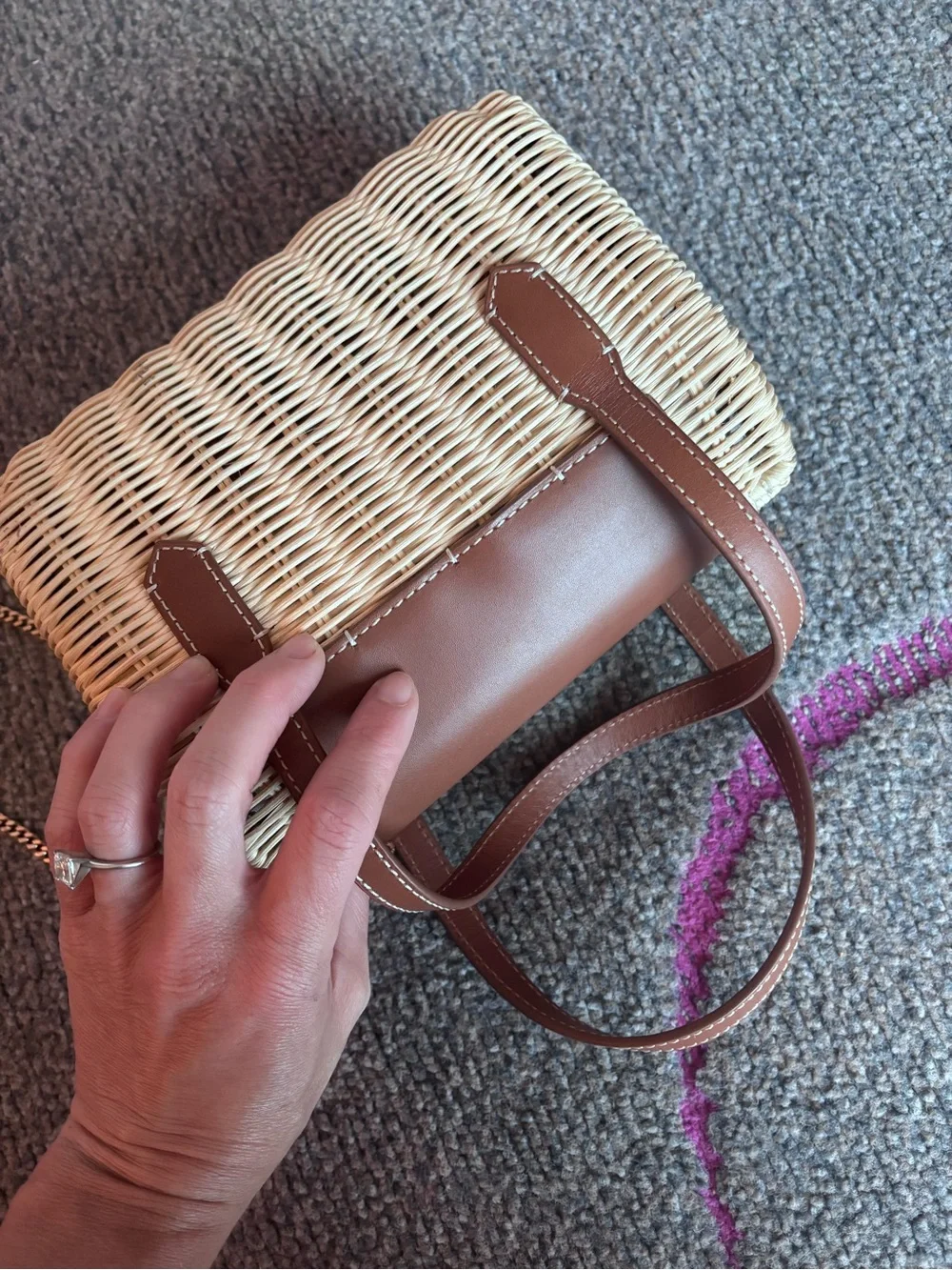 J Crew Small Rattan top-handle bag with Brown Leather Trim